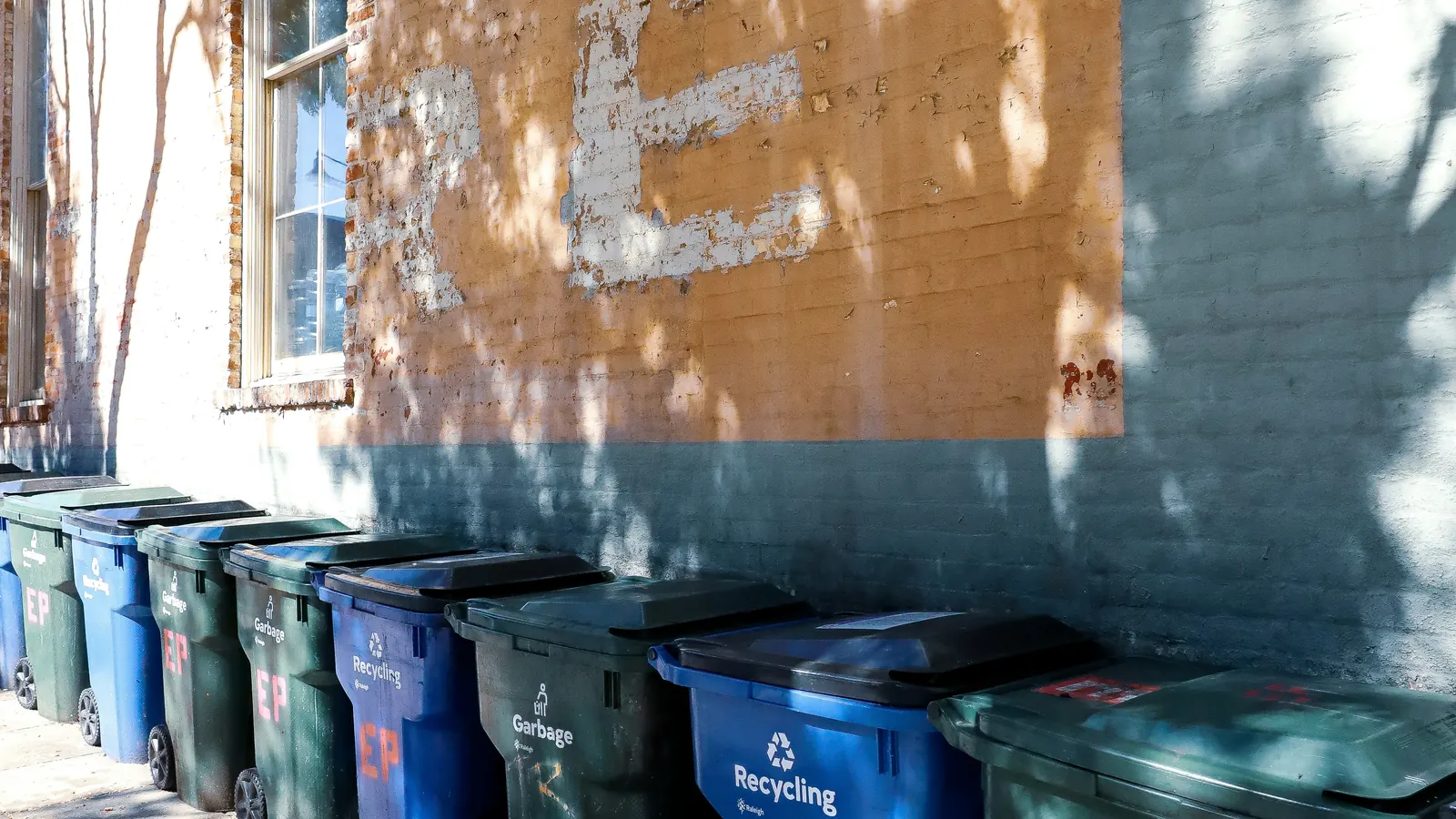 Residential waste bins lined up for municipal trash collection